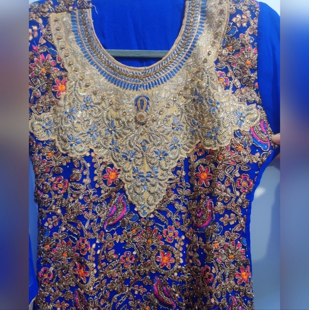 Embroidered Blue and Gold Women's Kameez Shalwar